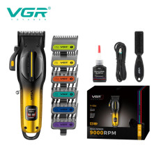 Акумуляторна машинка для стрижки волосся VGR V-026 Gold (Clipper) з LED-дисплеєм, 6 насадок, 9000 RPM